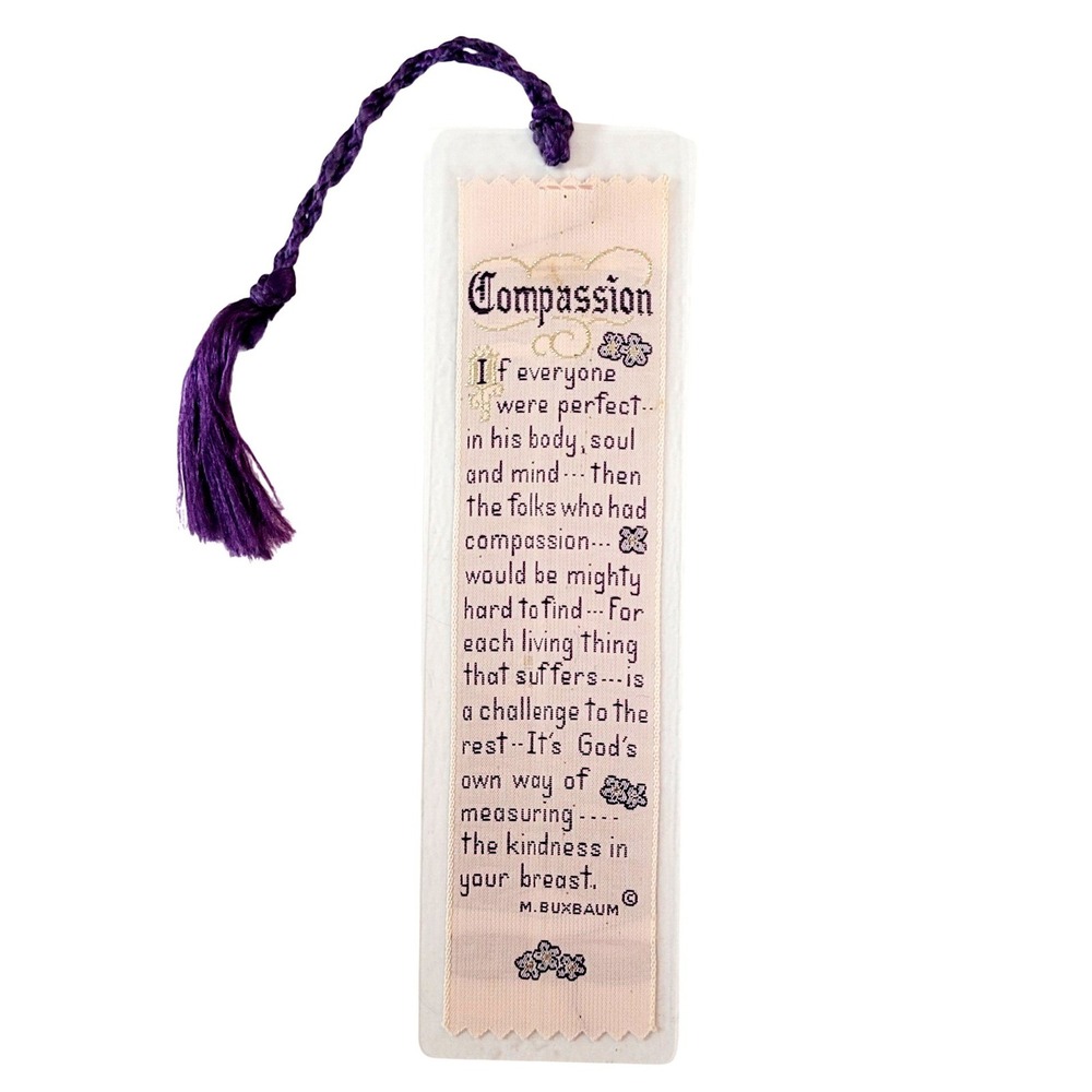Vintage 60s Compassion Bookmark M. Buxbaum cottagecore floral woven fabric- 1962